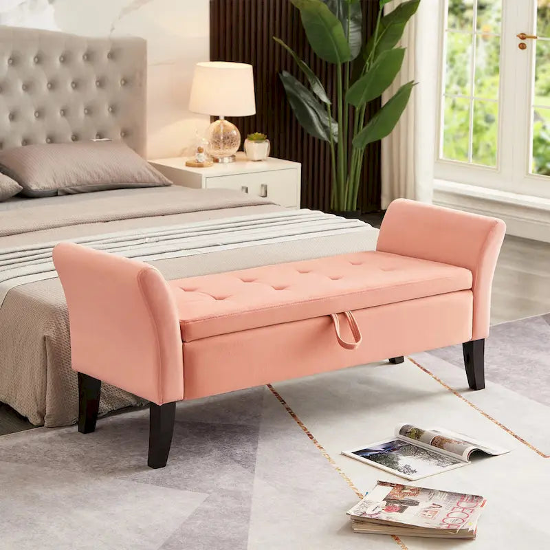 Banc de rangement de lit avec accoudoirs incurvés et pieds en bois massif