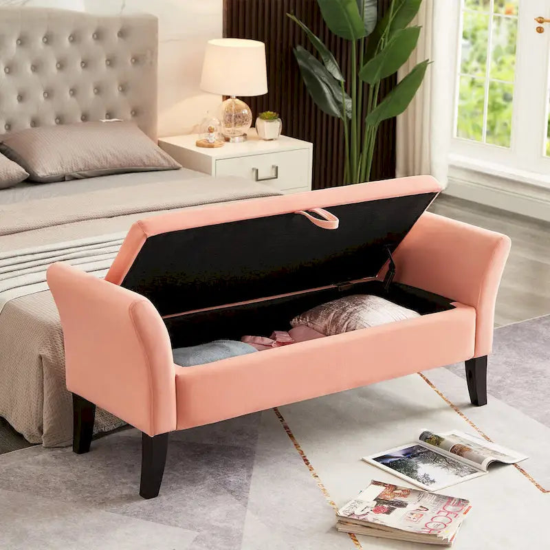 Banc de rangement de lit avec accoudoirs incurvés et pieds en bois massif