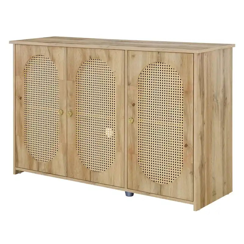 Buffet avec grand espace de rangement et portes en rotin synthétique