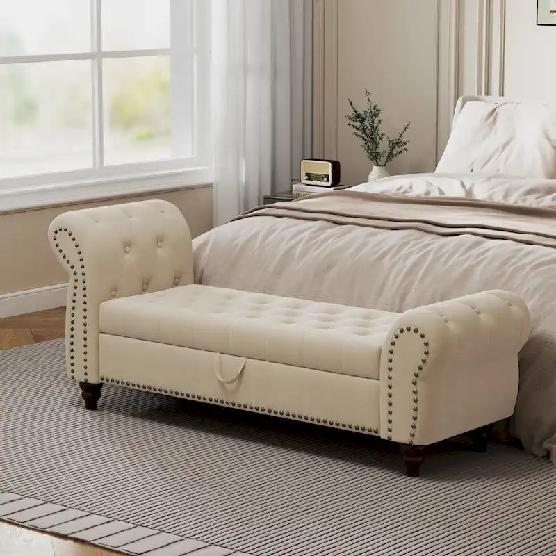 Banc de 64,5 po pour chambre à coucher, capitonné, chaise longue avec rangement, revêtement en velours, kaki