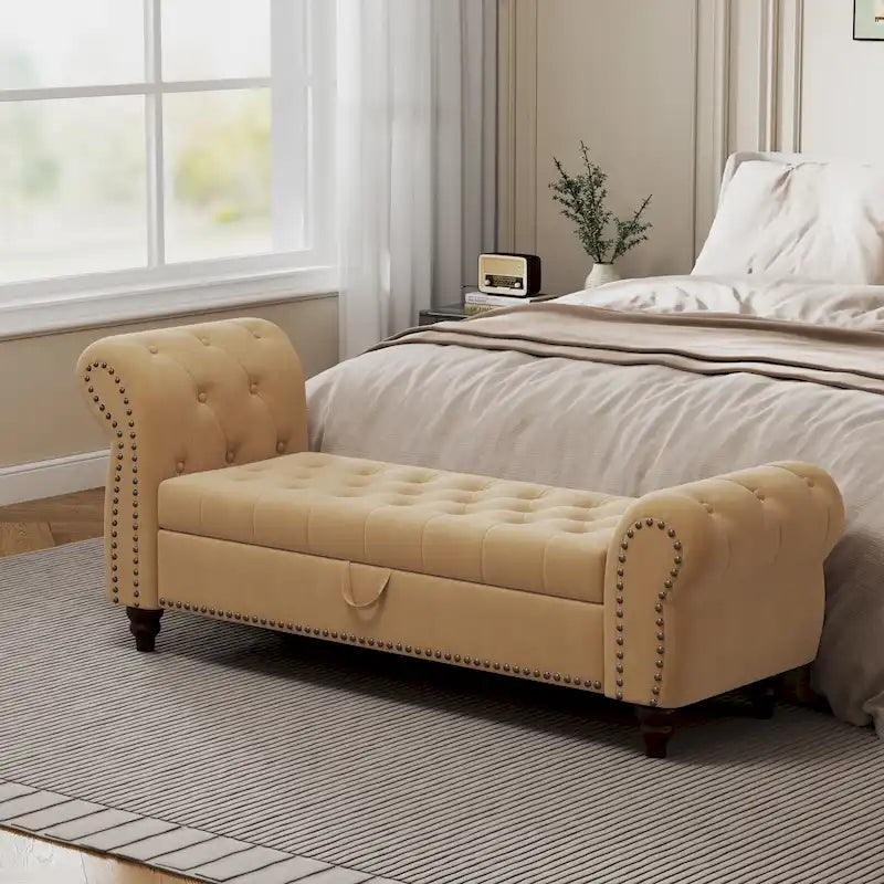 Banc de 64,5 po pour chambre à coucher, capitonné, chaise longue avec rangement, revêtement en velours, kaki