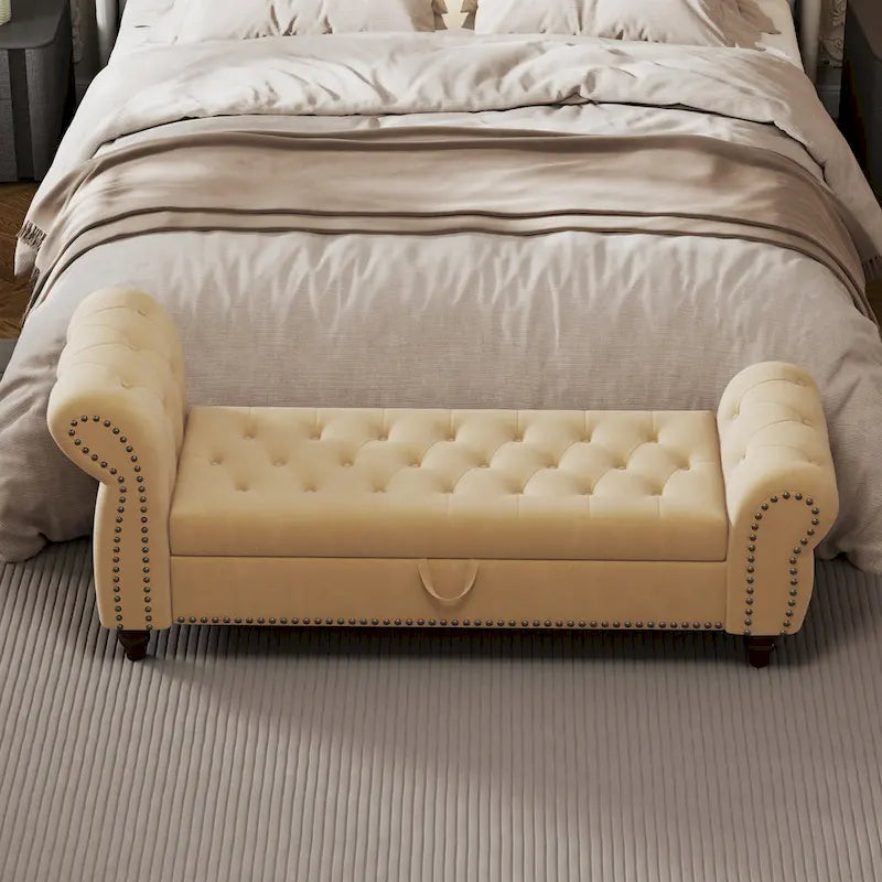 Banc de 64,5 po pour chambre à coucher, capitonné, chaise longue avec rangement, revêtement en velours, kaki