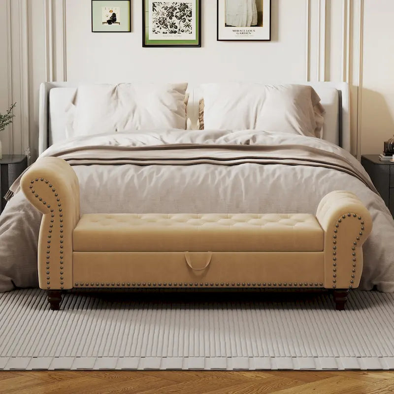 Banc de 64,5 po pour chambre à coucher, capitonné, chaise longue avec rangement, revêtement en velours, kaki
