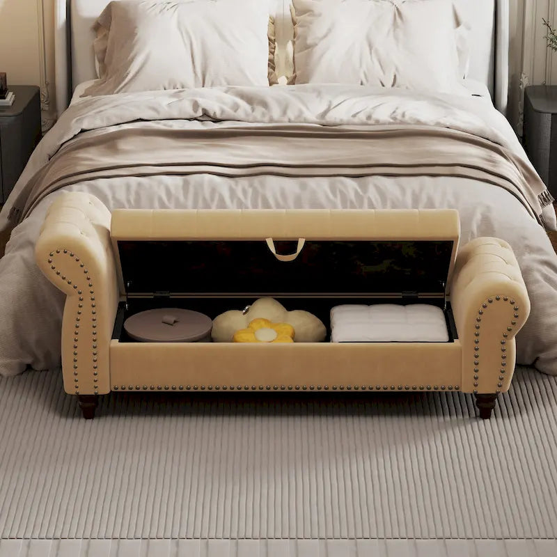 Banc de 64,5 po pour chambre à coucher, capitonné, chaise longue avec rangement, revêtement en velours, kaki