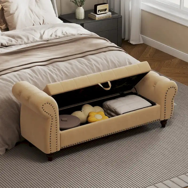 Banc de 64,5 po pour chambre à coucher, capitonné, chaise longue avec rangement, revêtement en velours, kaki