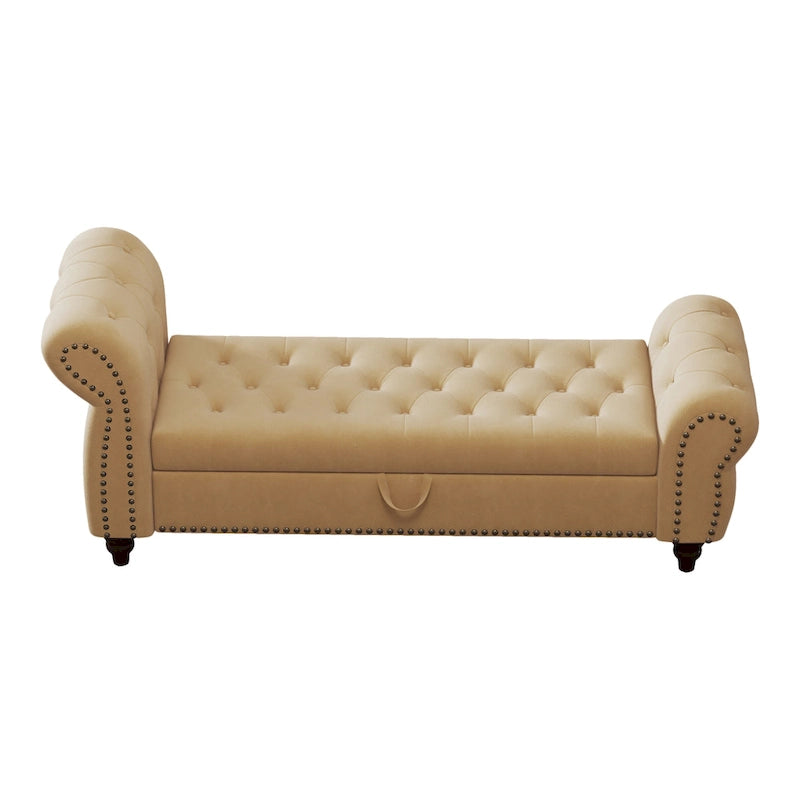 Banc de 64,5 po pour chambre à coucher, capitonné, chaise longue avec rangement, revêtement en velours, kaki