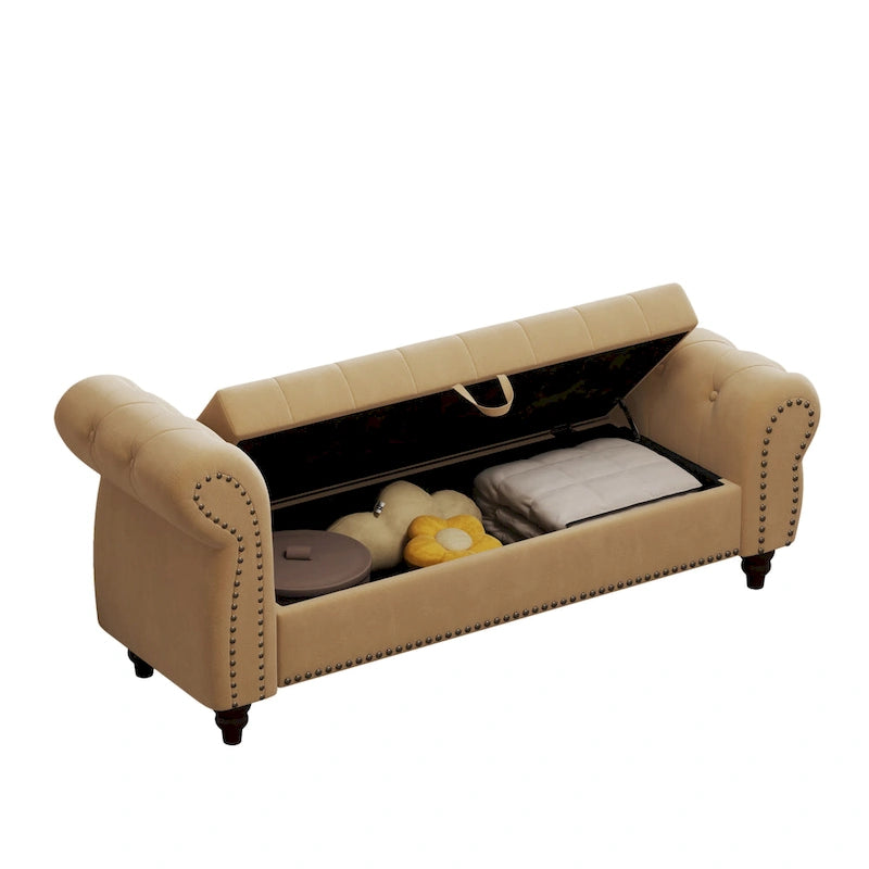 Banc de 64,5 po pour chambre à coucher, capitonné, chaise longue avec rangement, revêtement en velours, kaki