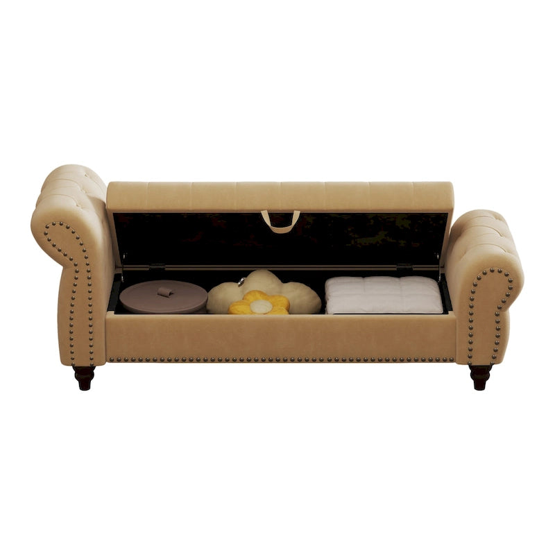 Banc de 64,5 po pour chambre à coucher, capitonné, chaise longue avec rangement, revêtement en velours, kaki