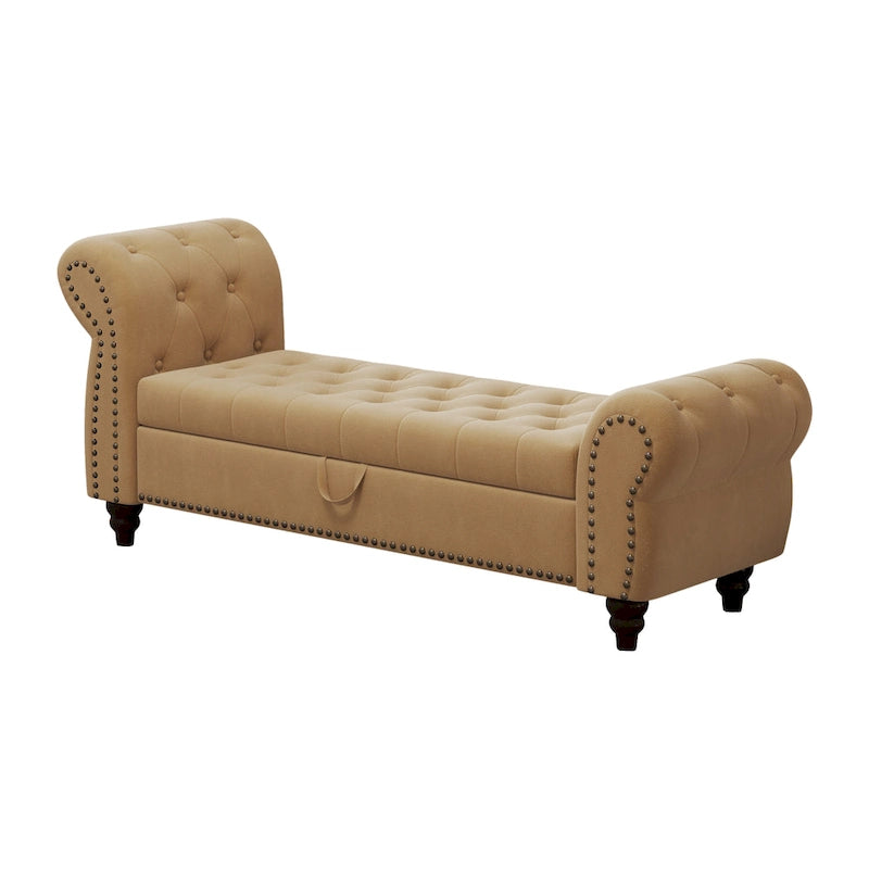 Banc de 64,5 po pour chambre à coucher, capitonné, chaise longue avec rangement, revêtement en velours, kaki