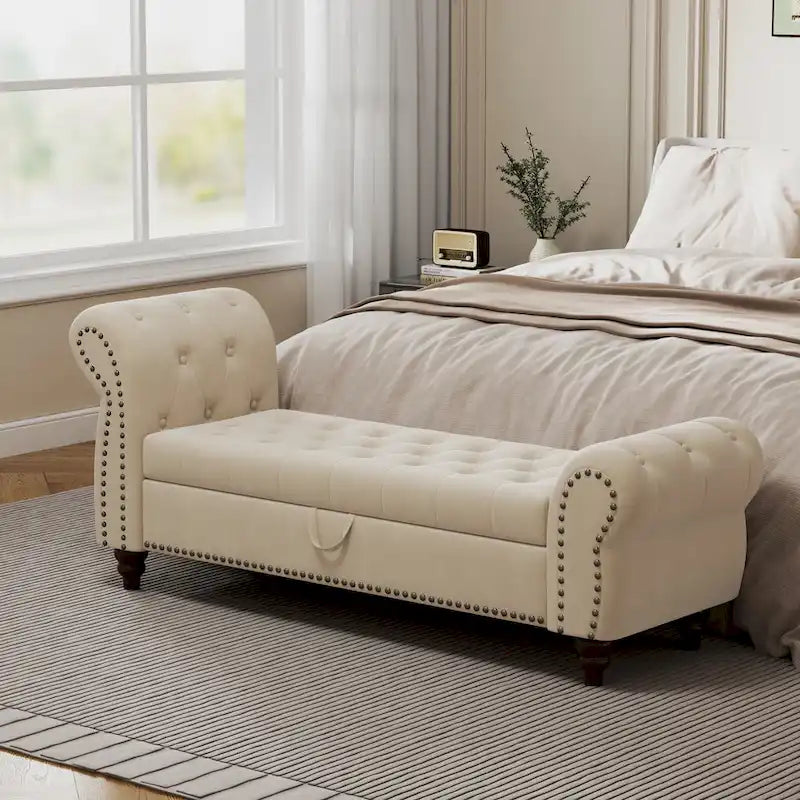 Banc de 64,5 po pour chambre à coucher, capitonné, chaise longue avec rangement, revêtement en velours, kaki