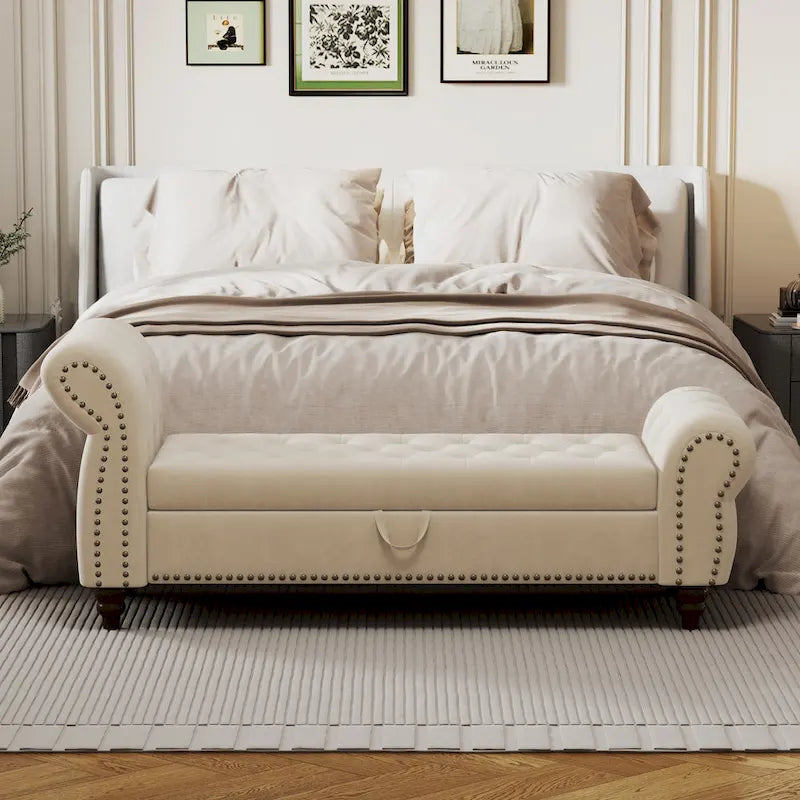 Banc de 64,5 po pour chambre à coucher, capitonné, chaise longue avec rangement, revêtement en velours, kaki