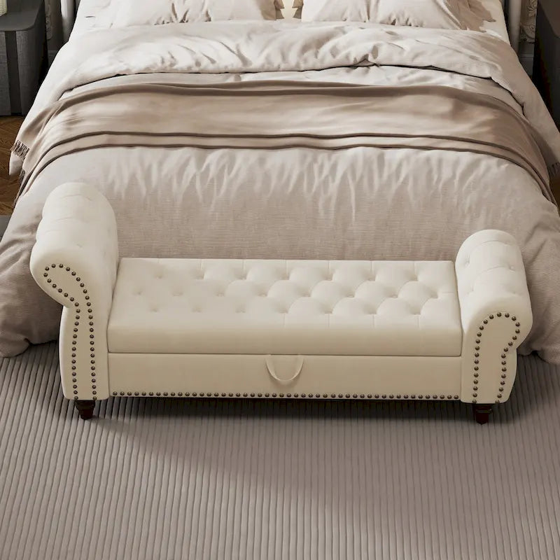 Banc de 64,5 po pour chambre à coucher, capitonné, chaise longue avec rangement, revêtement en velours, kaki
