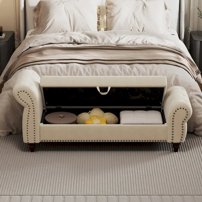 Banc de 64,5 po pour chambre à coucher, capitonné, chaise longue avec rangement, revêtement en velours, kaki