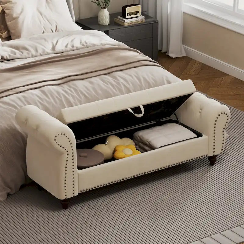 Banc de 64,5 po pour chambre à coucher, capitonné, chaise longue avec rangement, revêtement en velours, kaki