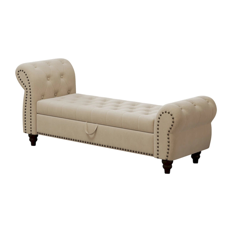 Banc de 64,5 po pour chambre à coucher, capitonné, chaise longue avec rangement, revêtement en velours, kaki