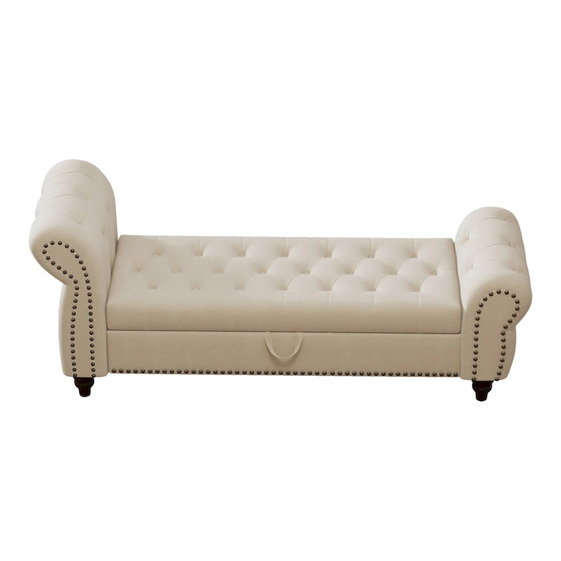Banc de 64,5 po pour chambre à coucher, capitonné, chaise longue avec rangement, revêtement en velours, kaki