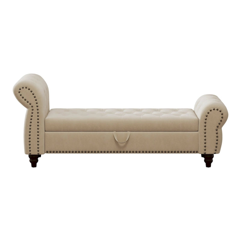 Banc de 64,5 po pour chambre à coucher, capitonné, chaise longue avec rangement, revêtement en velours, kaki