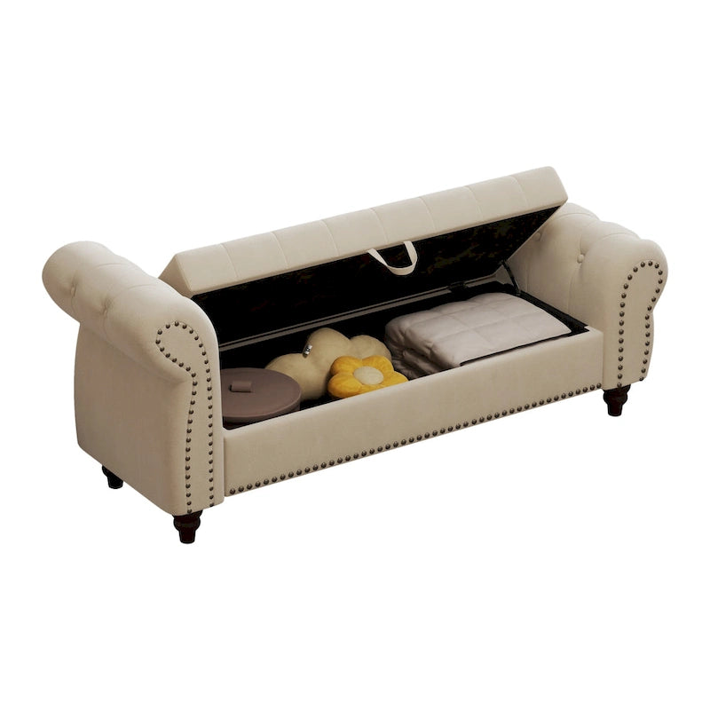 Banc de 64,5 po pour chambre à coucher, capitonné, chaise longue avec rangement, revêtement en velours, kaki
