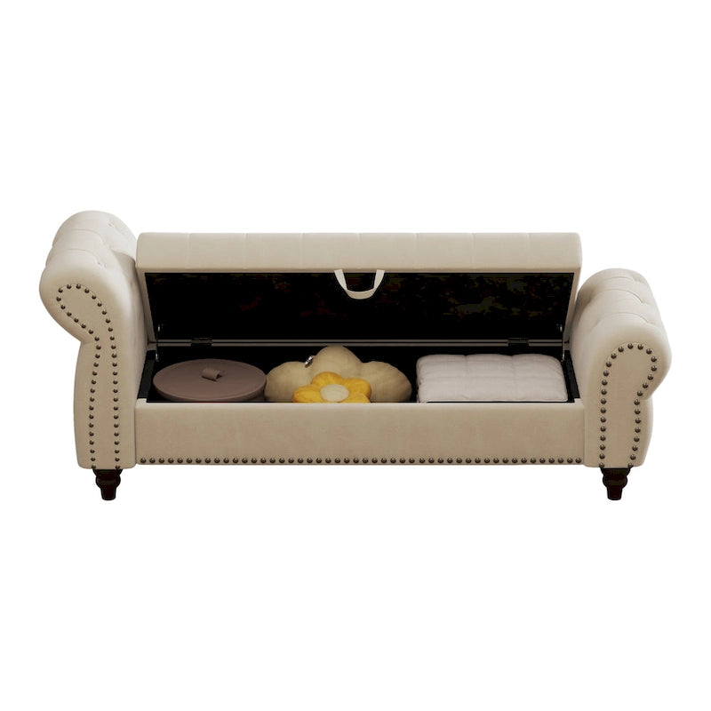 Banc de 64,5 po pour chambre à coucher, capitonné, chaise longue avec rangement, revêtement en velours, kaki