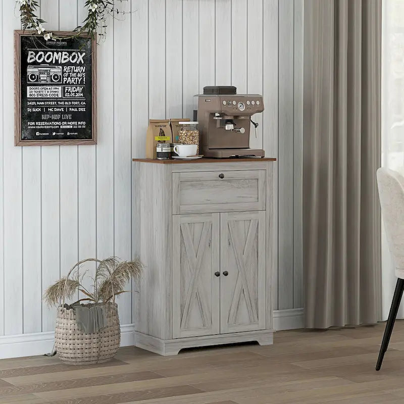 Meuble de rangement pour ferme avec portes de grange, buffet de cuisine avec portes doubles, tiroir et étagère réglable