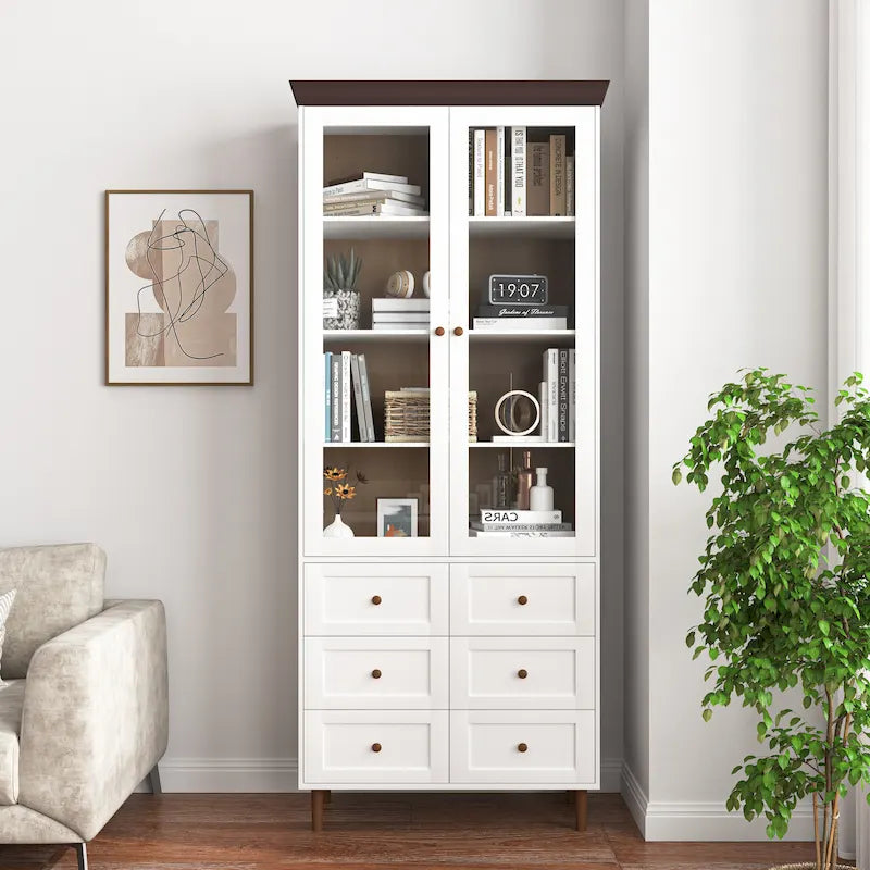 Meuble de rangement blanc en MDF, avec portes en verre et étagères réglables pour cuisine