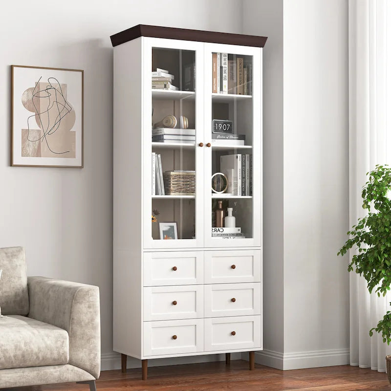 Meuble de rangement blanc en MDF, avec portes en verre et étagères réglables pour cuisine