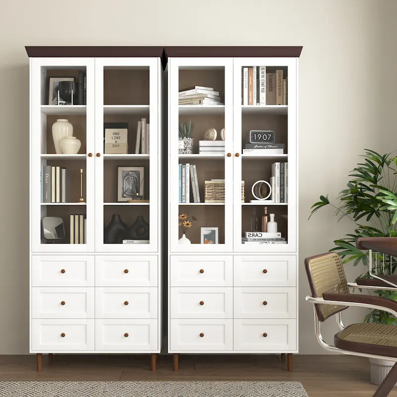 Meuble de rangement blanc en MDF, avec portes en verre et étagères réglables pour cuisine