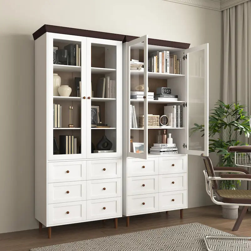 Meuble de rangement blanc en MDF, avec portes en verre et étagères réglables pour cuisine