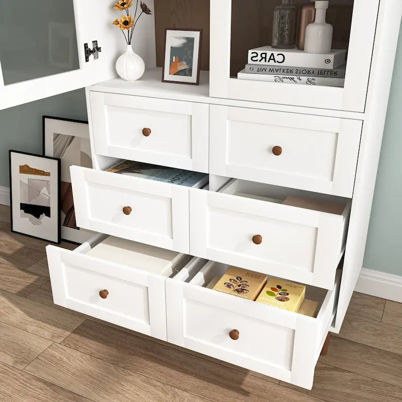 Meuble de rangement blanc en MDF, avec portes en verre et étagères réglables pour cuisine