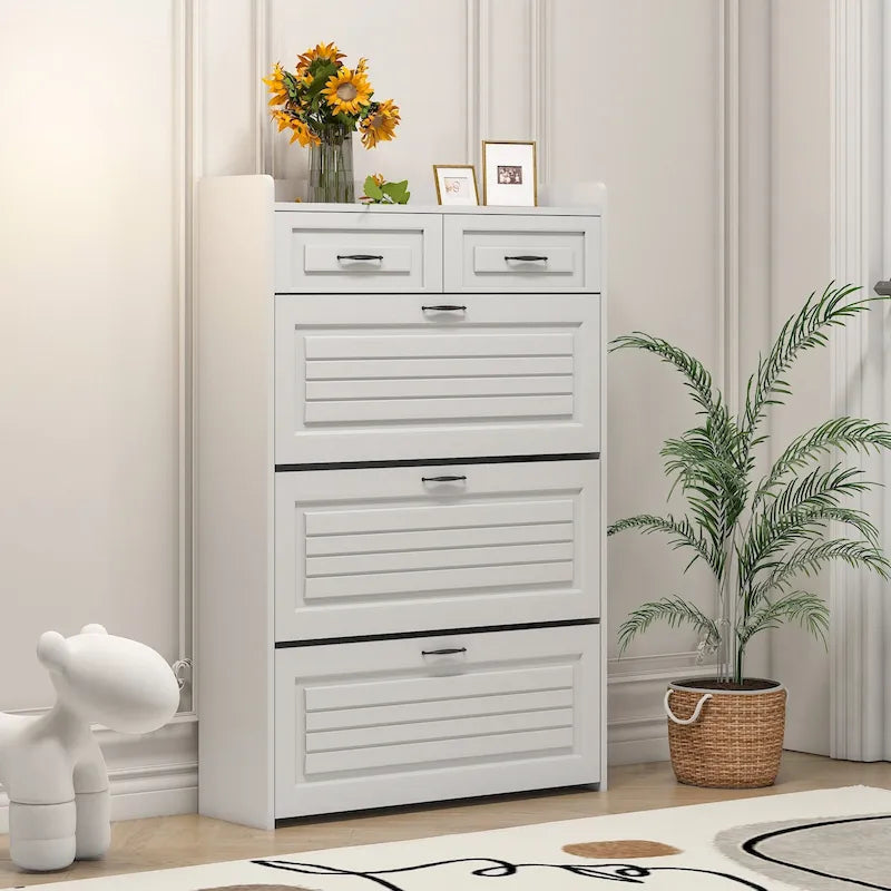Meuble d'entrée moderne avec banc à chaussures, 5 patères, étagère de rangement et armoire à porte persienne pour couloir, blanc