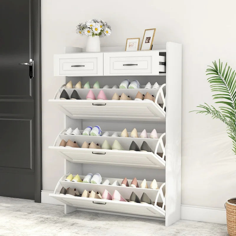 Meuble d'entrée moderne avec banc à chaussures, 5 patères, étagère de rangement et armoire à porte persienne pour couloir, blanc