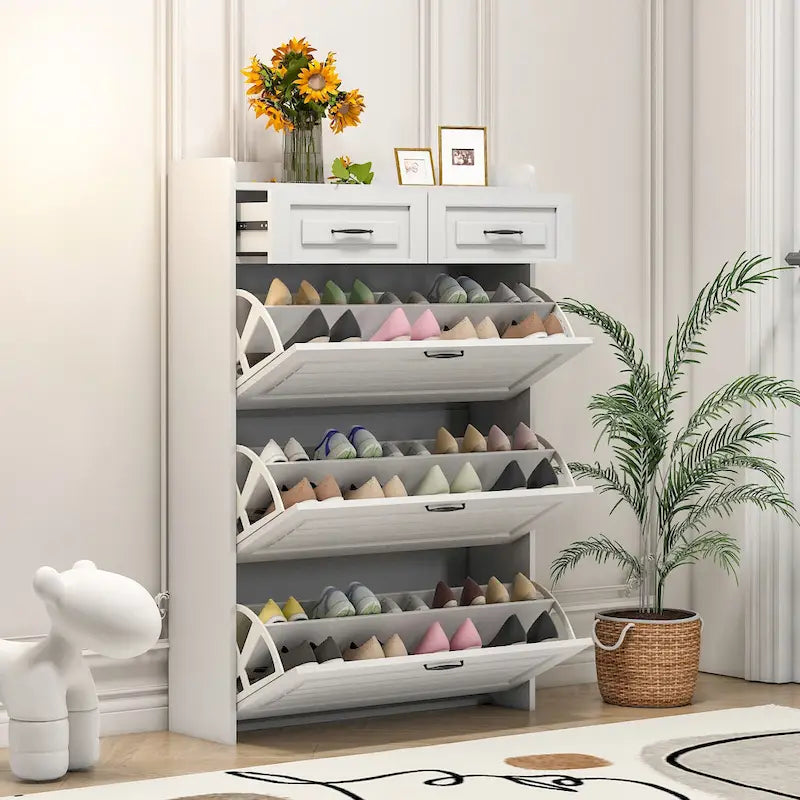 Meuble d'entrée moderne avec banc à chaussures, 5 patères, étagère de rangement et armoire à porte persienne pour couloir, blanc