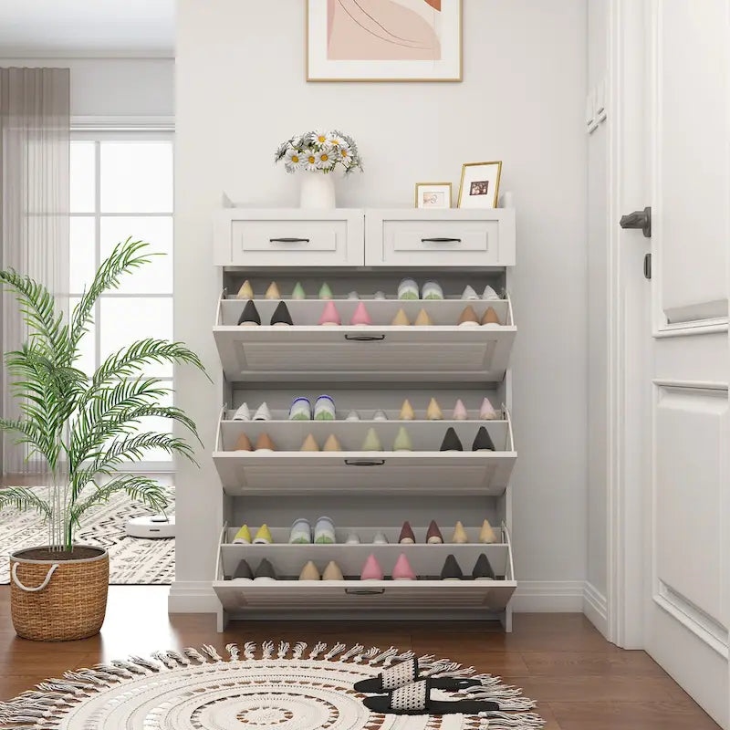 Meuble d'entrée moderne avec banc à chaussures, 5 patères, étagère de rangement et armoire à porte persienne pour couloir, blanc