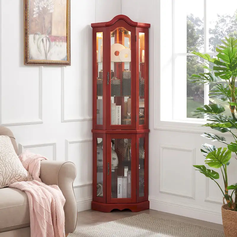 Vitrine lumineuse avec portes et étagères en verre trempé, vitrine d'angle avec ampoule
