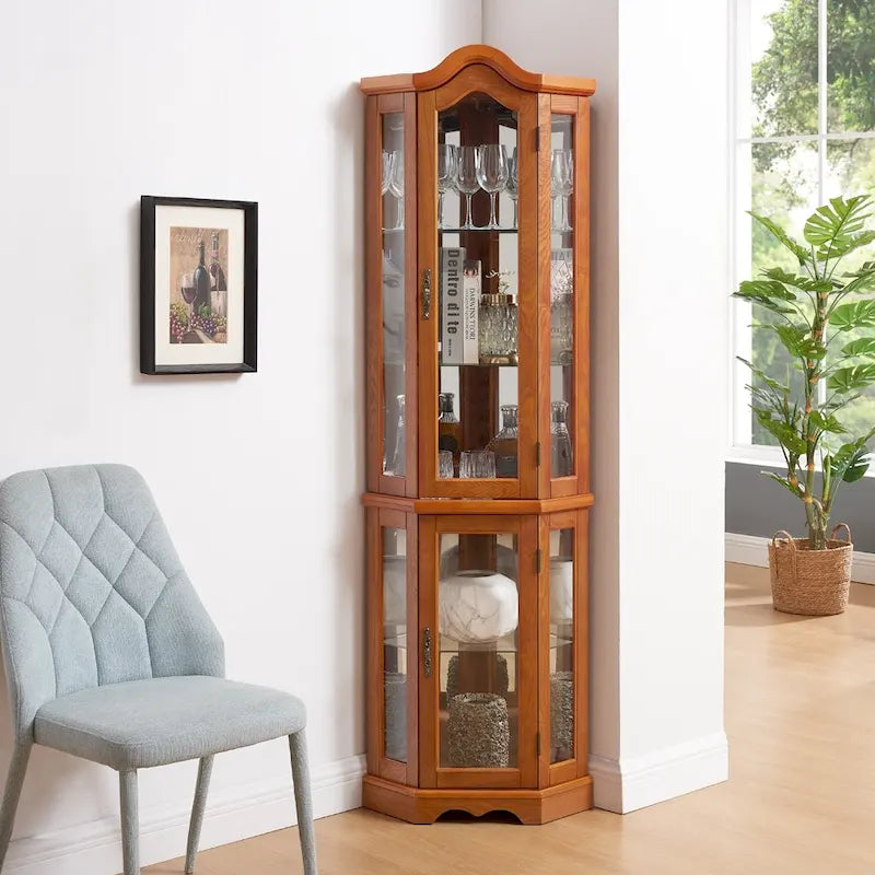 Vitrine lumineuse avec portes et étagères en verre trempé, vitrine d'angle avec ampoule