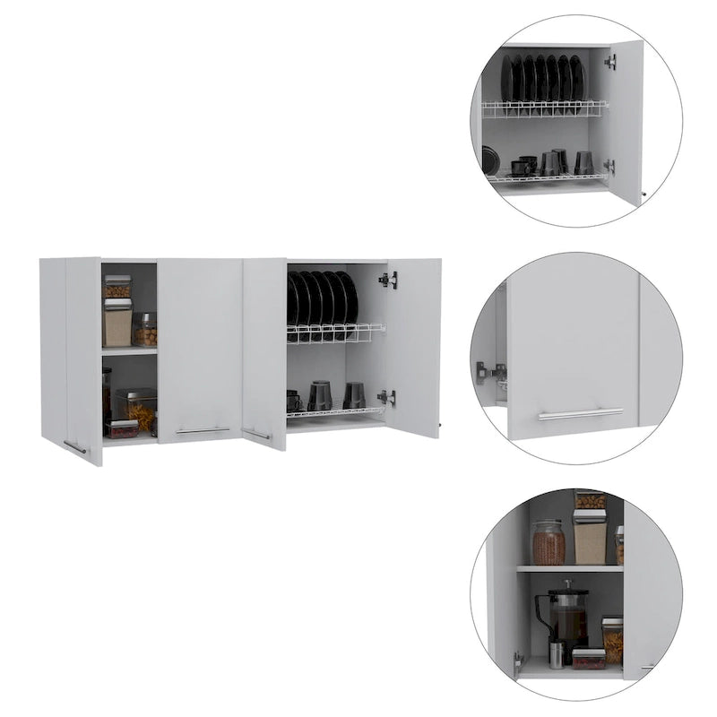 Meuble haut 120, quatre portes, deux caissons, deux étagères - Blanc