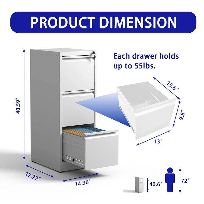 Classeur vertical en métal à 3 tiroirs avec serrure, armoire de classement verticale en acier pour bureau/domicile pour format A4 légal/lettre3