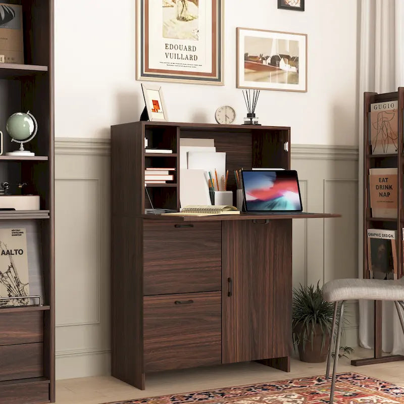 Meuble de bureau, avec tiroir de rangement et étagères, plateau rabattable