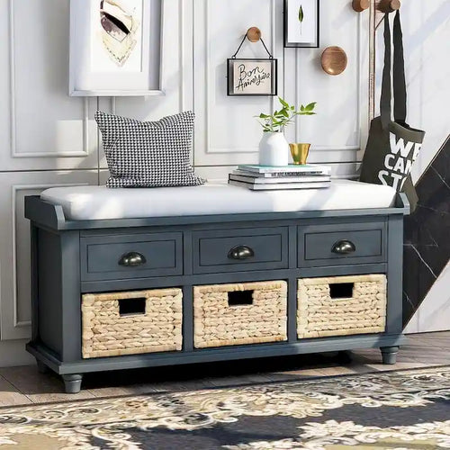 Banc de rangement capitonné polyvalent de 106,9 cm pour entrée, avec 3 tiroirs et 3 paniers en rotin