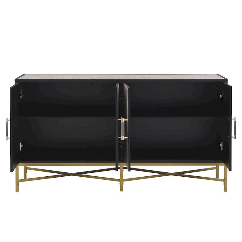 Caractéristiques distinctives du buffet à quatre portes avec pieds en métal et entrecroisés, adapté aux salons, halls d'entrée et bureaux