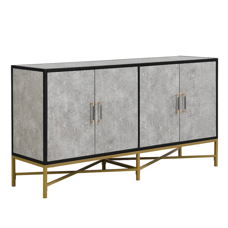 Caractéristiques distinctives du buffet à quatre portes avec pieds en métal et entrecroisés, adapté aux salons, halls d'entrée et bureaux