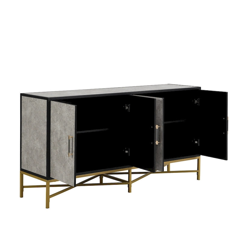 Caractéristiques distinctives du buffet à quatre portes avec pieds en métal et entrecroisés, adapté aux salons, halls d'entrée et bureaux