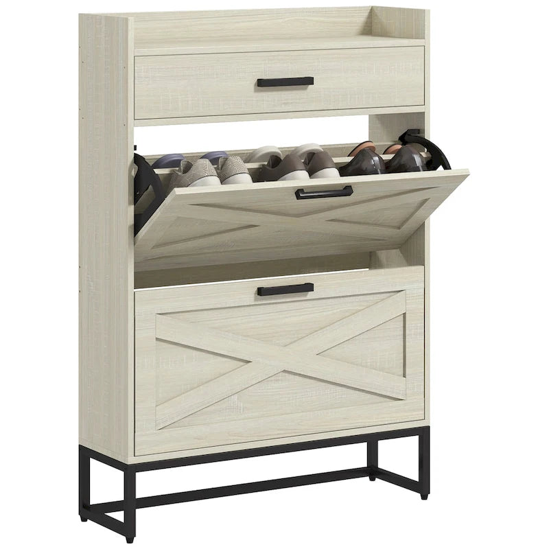 Narrow Shoe Cabinet, with 2 Flip Drawers, Adjustable Shelves and Top Drawer, Hidden Shoe Storage for 12 Pairs of Shoes