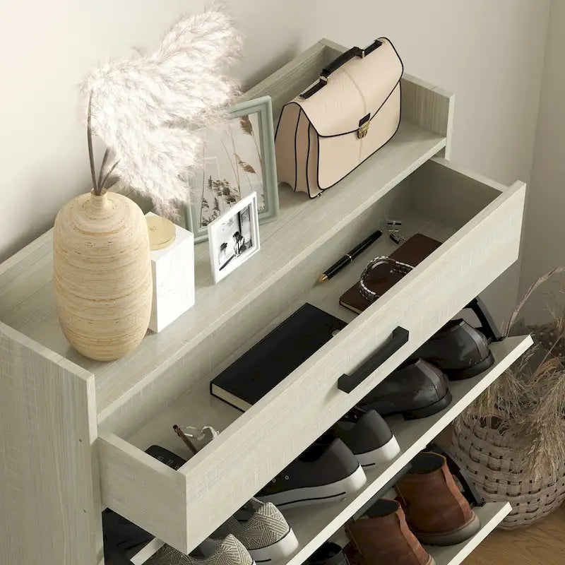 Meuble à chaussures étroit avec 2 tiroirs basculants, étagères réglables et tiroir supérieur, rangement à chaussures caché pour 12 paires de chaussures
