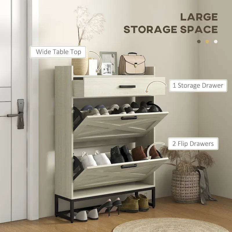 Meuble à chaussures étroit avec 2 tiroirs basculants, étagères réglables et tiroir supérieur, rangement à chaussures caché pour 12 paires de chaussures