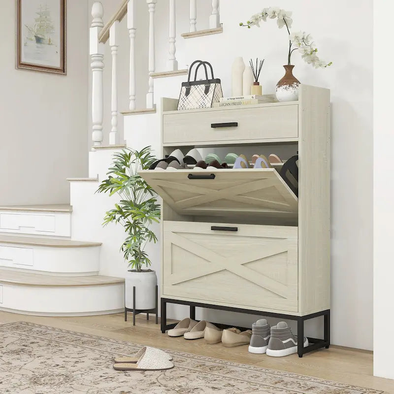 Meuble à chaussures étroit avec 2 tiroirs basculants, étagères réglables et tiroir supérieur, rangement à chaussures caché pour 12 paires de chaussures