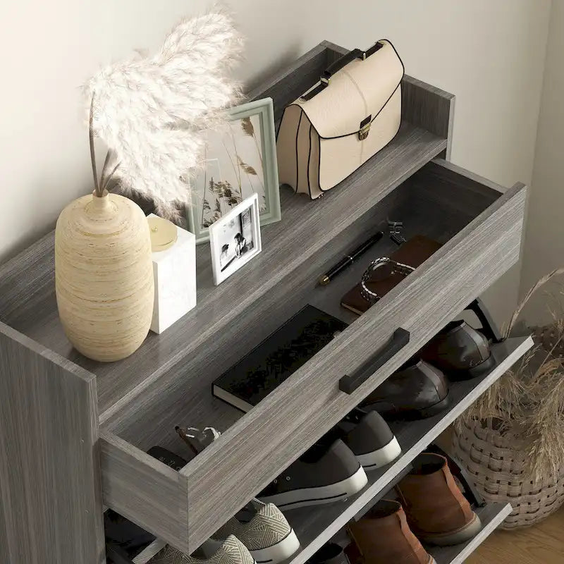 Meuble à chaussures étroit avec 2 tiroirs basculants, étagères réglables et tiroir supérieur, rangement à chaussures caché pour 12 paires de chaussures