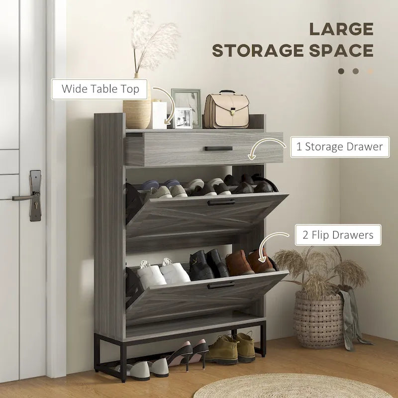 Meuble à chaussures étroit avec 2 tiroirs basculants, étagères réglables et tiroir supérieur, rangement à chaussures caché pour 12 paires de chaussures