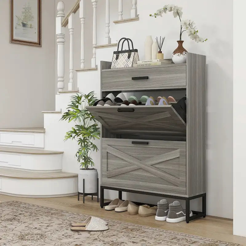 Meuble à chaussures étroit avec 2 tiroirs basculants, étagères réglables et tiroir supérieur, rangement à chaussures caché pour 12 paires de chaussures