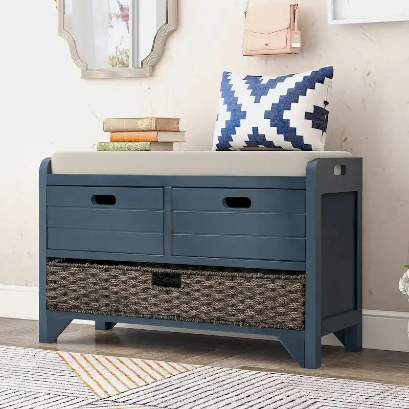 Banc de rangement capitonné polyvalent 32 Farmhouse pour entrée, avec 2 tiroirs et un panier amovible